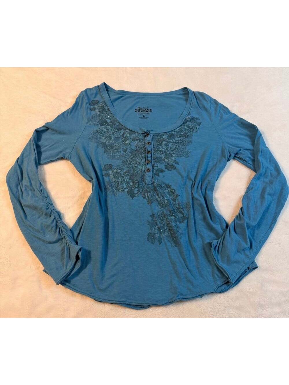 Nine West Blue Long Sleeve Scoop Neck Henley